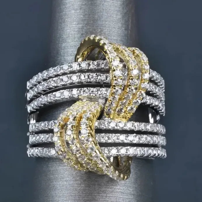 Elegant Two-Tone Geometric Finger Ring with Cubic Zirconia for Women
