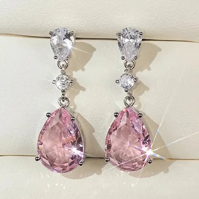 Temperament Sweet Pink Pear Cubic Zirconia Drop Earrings for Women Engagement Party Jewelry