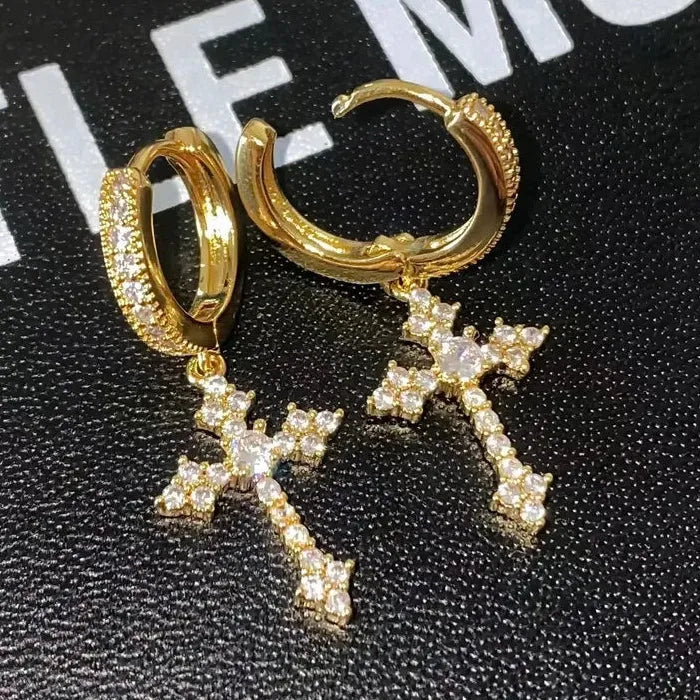 2Pcs Copper Cross Hoop Earrings for Men Women Rhinestone Jewelry