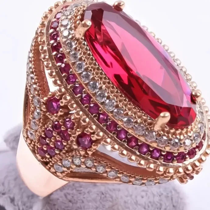 Women’s Red Oval CZ Brass Ring Geometric Cocktail Wedding Anniversary Gift