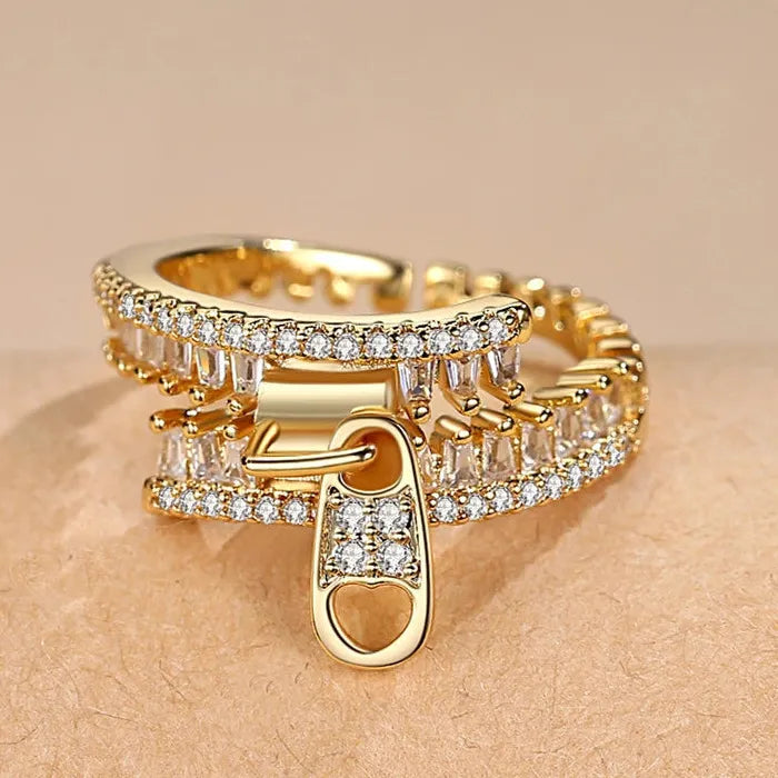 Copper Metal Zipper Open Ring Featuring Zircon Crystal for Women Personality