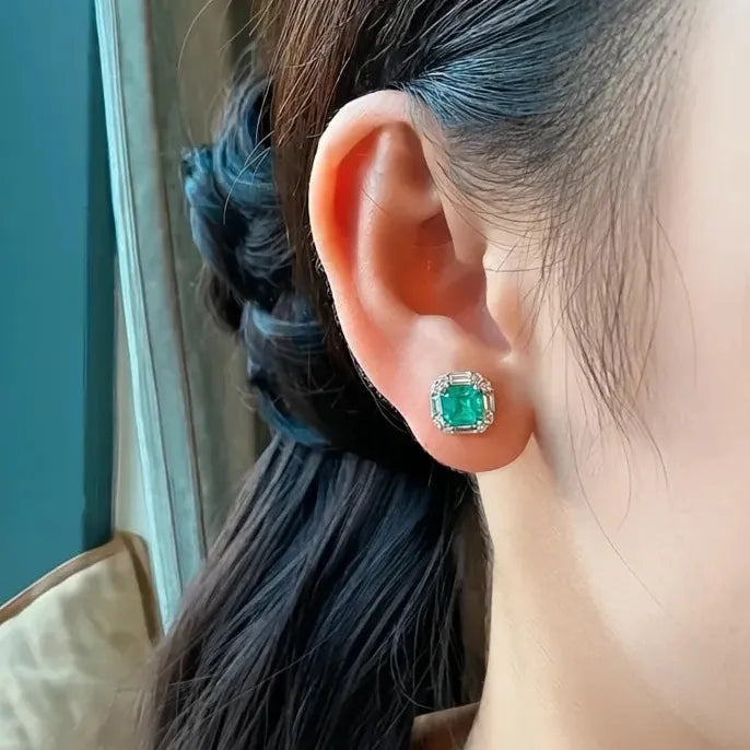Green Geometric Cubic Zirconia Stud Earrings for Women in Copper Alloy Jewelry