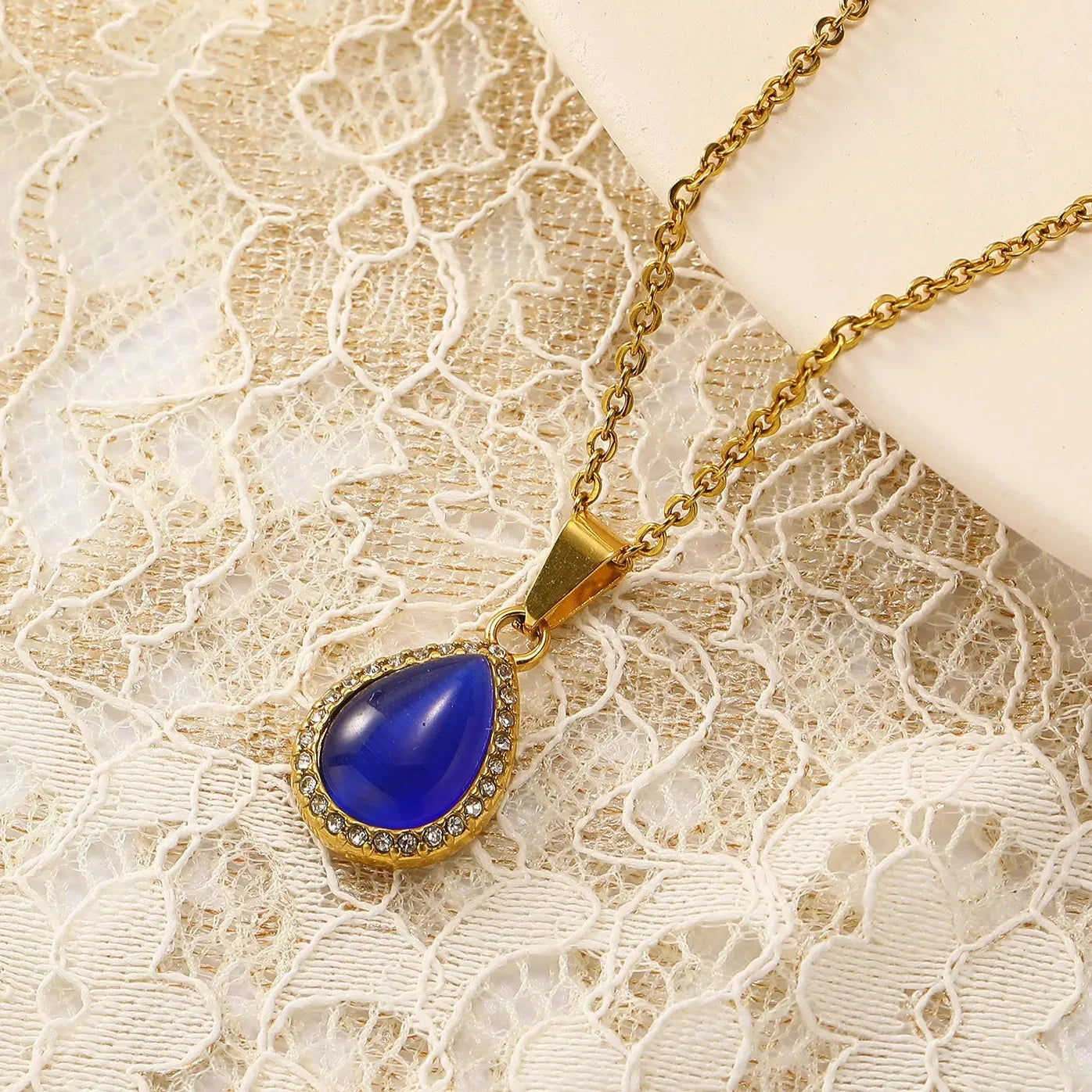18k Gold Plated Stainless Steel Water Droplet Cat Eye Pendant Necklace Choker Women