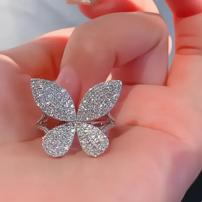Silver Butterfly White CZ Wedding Ring Brass Geometric Band for Women
