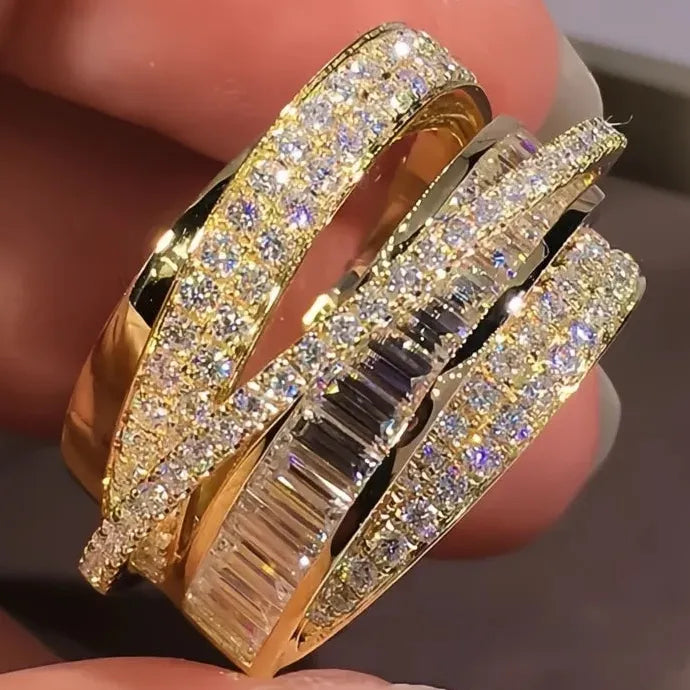 Luxury Gold Multi Cross CZ Brass Wedding Band Ring for Women Jewelry