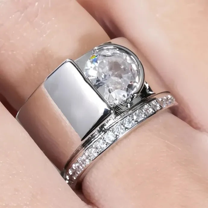 Women Silver Color Geometric Brass Ring with Bright Round CZ Stones Cocktail