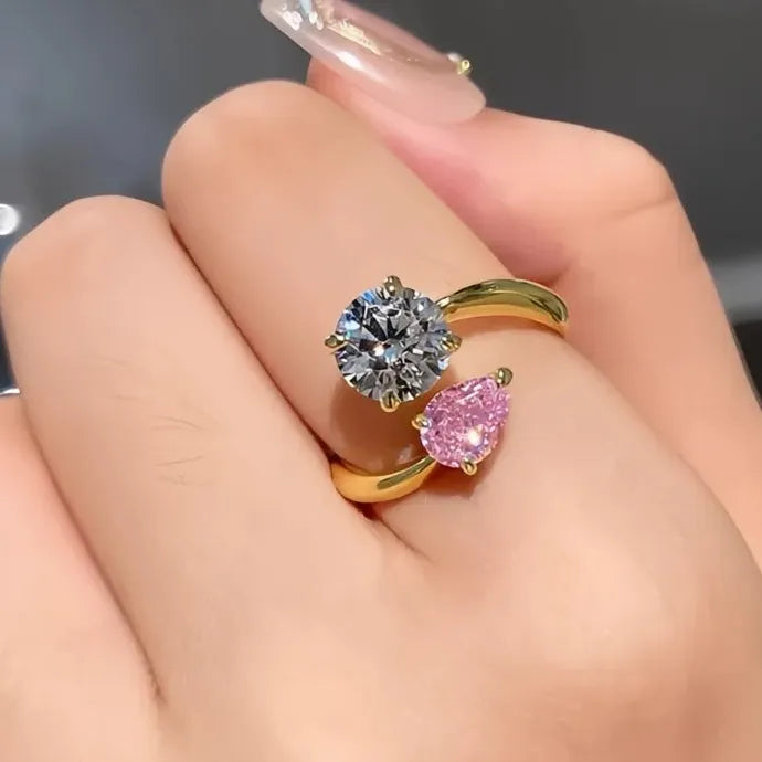 Elegant Open Cocktail Ring with Pink & White Cubic Zirconia Brass Jewelry