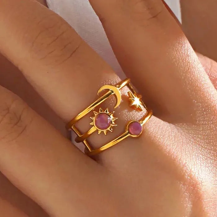 Stainless Steel Star Moon Sun Open Ring Women Punk Hip Hop Jewelry Gift