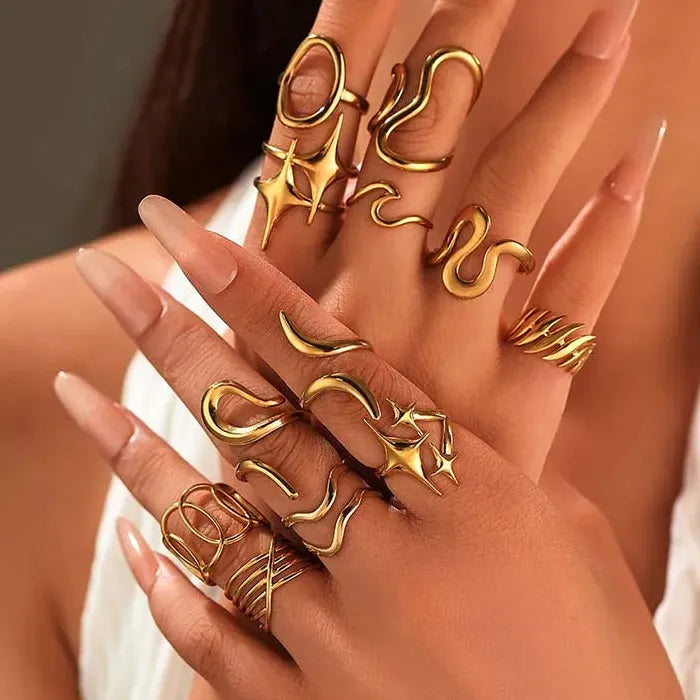 18K Gold Plated Stainless Steel Women's Vintage Geometric Cocktail Ring Jewelry