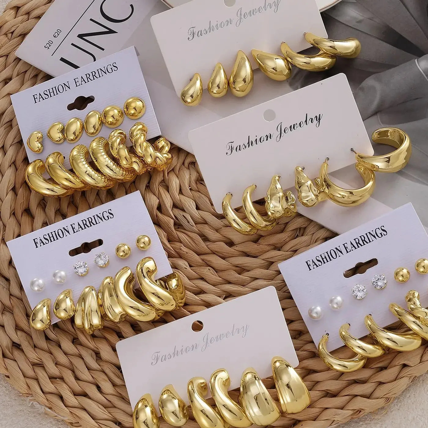 12Pcs Vintage Gold Geometric Water Drop C-Earrings Tungsten Zinc Alloy
