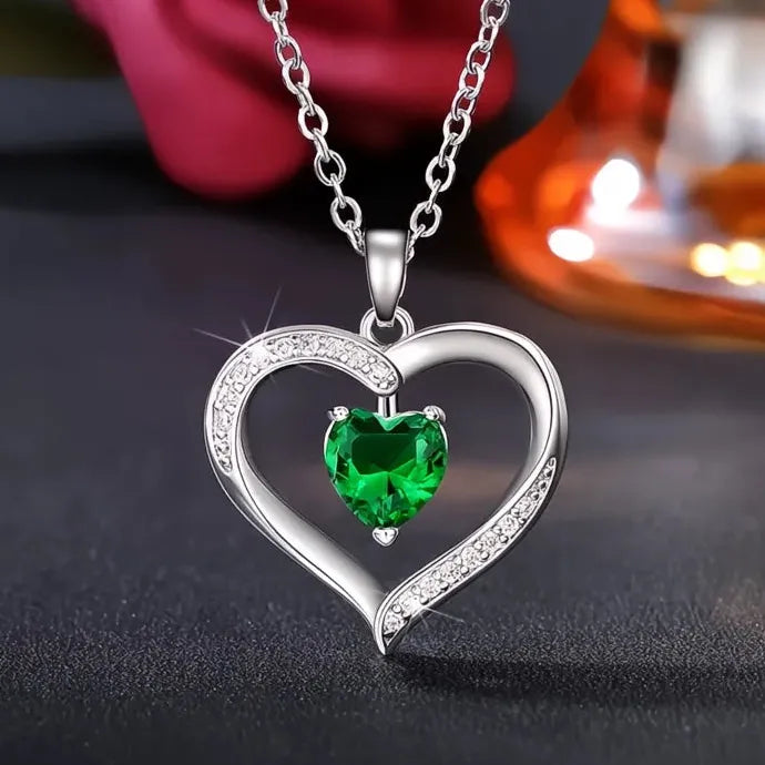 Green Heart Cubic Zirconia Necklace for Women Wedding Anniversary Copper Alloy