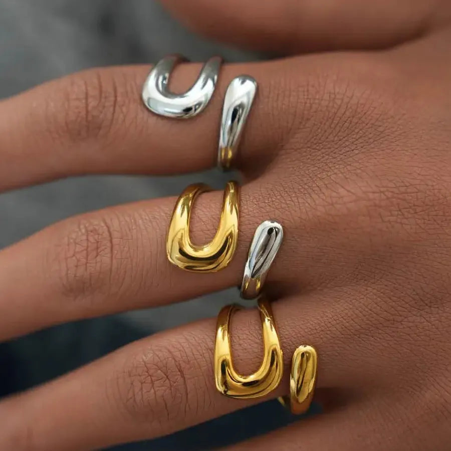 Vintage Stainless Steel U-Shaped Water Droplet Ring Minimalist Cocktail Jewelry