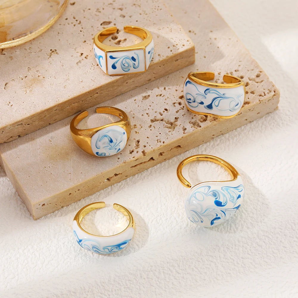 18k Gold Plated Stainless Steel Blue White Porcelain Waterdrop Dome Ring Geometric