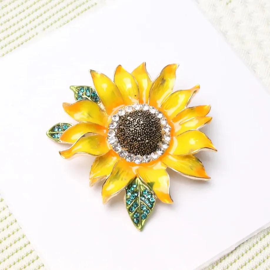 Hand Painted Sunflower Enamel Brooch with Faux Crystal Leaves Gift