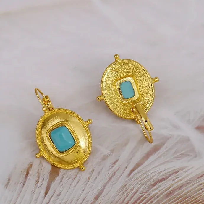 Vintage Gold Color Ornate Zinc Alloy Drop Earrings Women Ethnic Turquoise