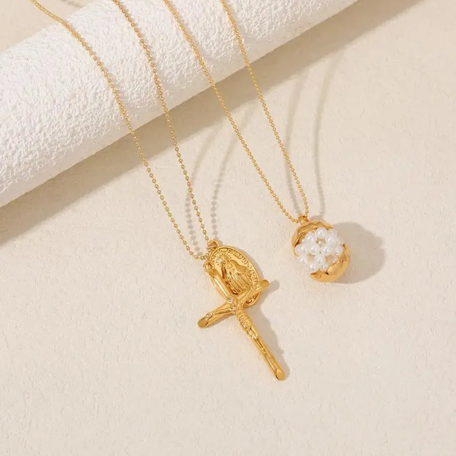 18k Gold Plated Crucifix Cross Pendant Necklace Featuring Pearl for Women