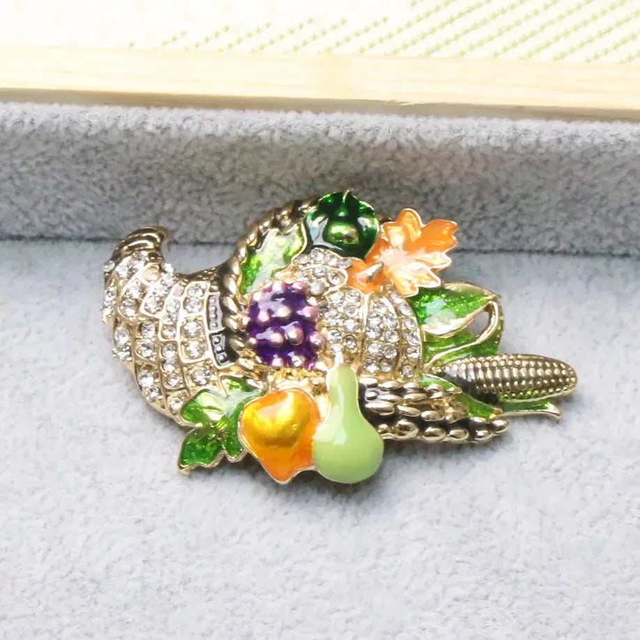 Vintage Harvest Fruit & Vegetable Basket Brooch Unisex Accessory
