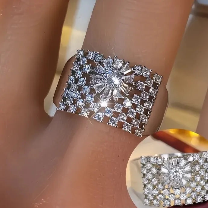 Wide Band Cubic Zirconia Cocktail Ring for Women Gold Silver Jewelry Party