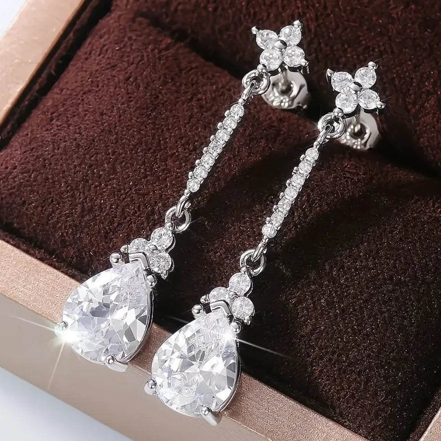Geometric Cubic Zirconia Drop Earrings Silver Color Elegant Wedding Jewelry