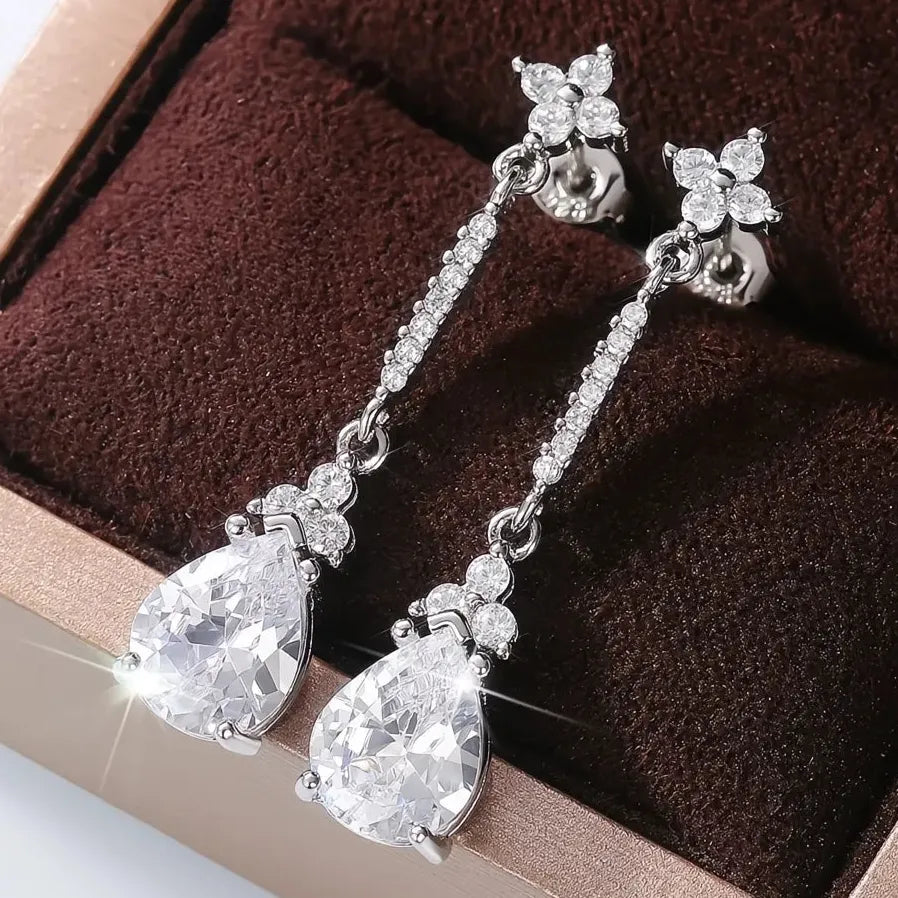 Geometric Crystal Pear Cubic Zirconia Drop Earrings Silver Wedding Jewelry