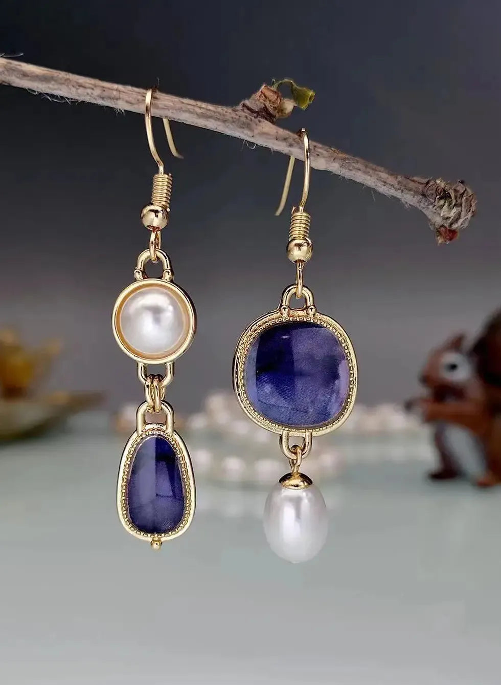 Vintage Asymmetrical Imitation Pearl Drop Earrings Dark Blue Flower Metal Jewelry