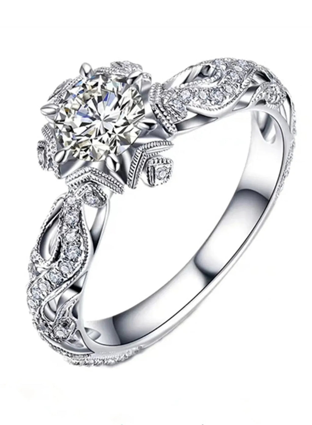 Silver Color Zinc Alloy Women’s Fashion Ring Inlaid Round Flower Stones Wedding Engagement Jewelry