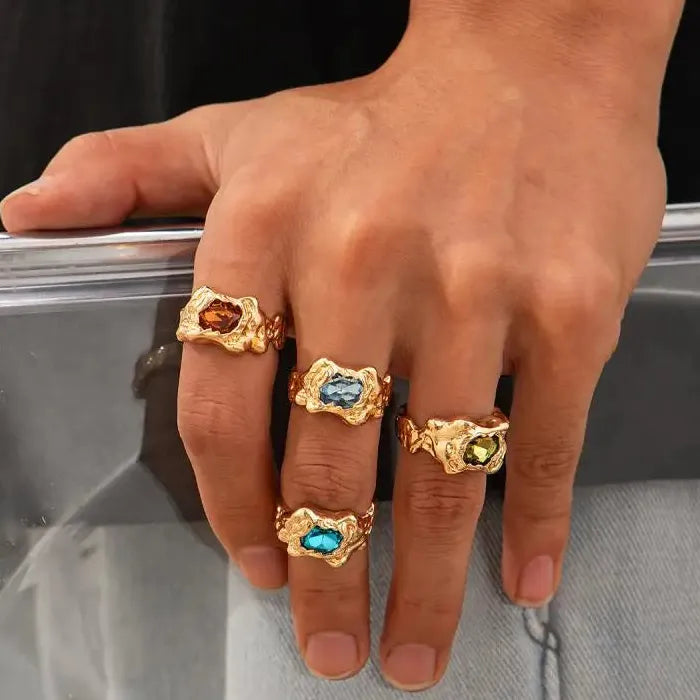 Folded Lava Metal Zircon Adjustable Rings Set Vintage Punk Jewelry Men Women