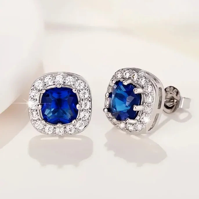 Noble Blue Geometric Cubic Zirconia Stud Earrings with Push-Back Closure