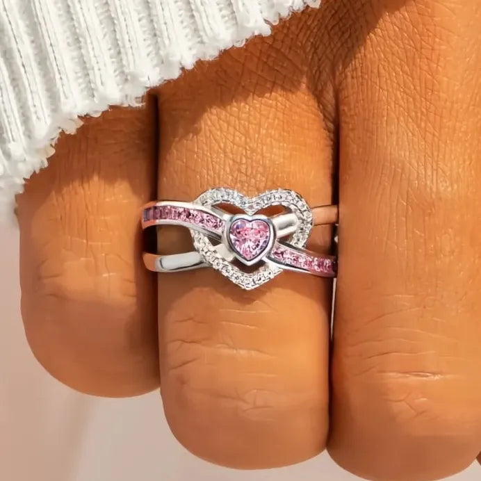 Romantic Pink Heart Cubic Zirconia Wedding Band Ring for Women Gift