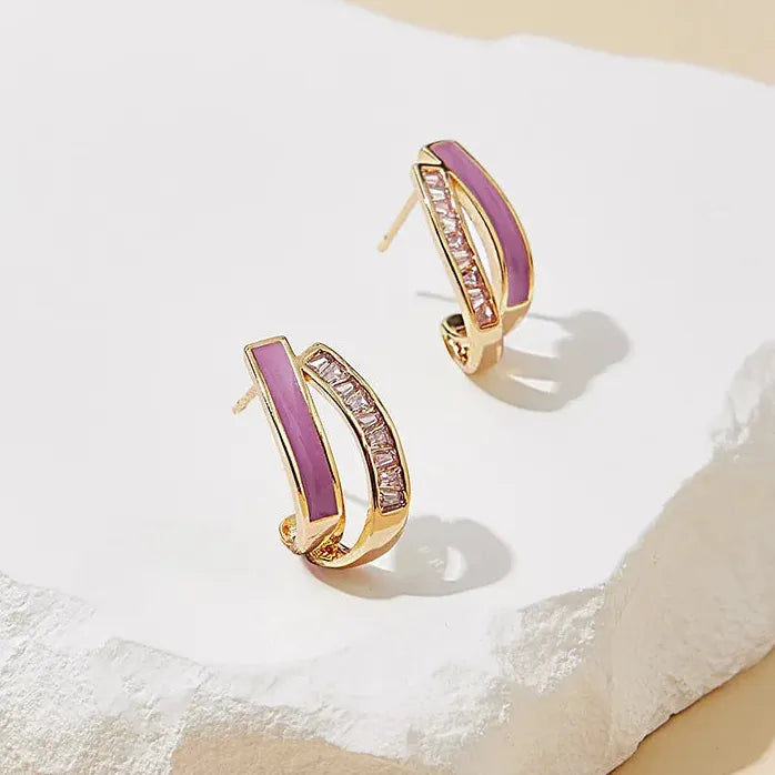 2024 Shell Zircon Arc Metal Stud Earrings Korean Fashion Jewelry Women