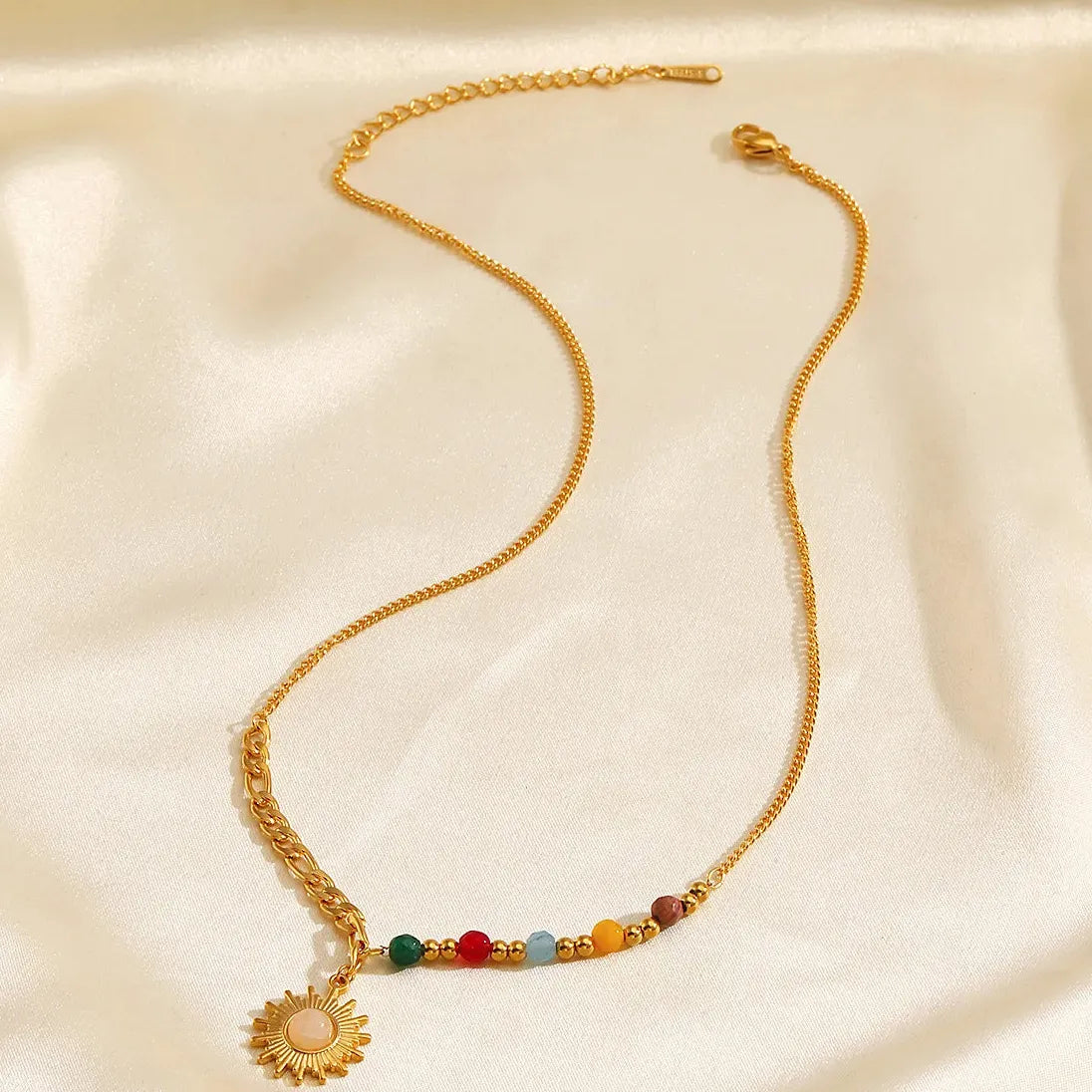 Boho Handmade Pink Opal Beads Necklace Stainless Steel Sun Pendant Chain Jewelry