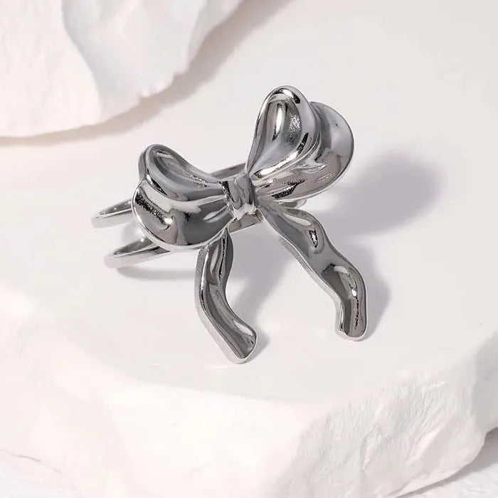 Adjustable Gold Color Stainless Steel Bowknot Ribbon Ring for Women Jewelry Gift