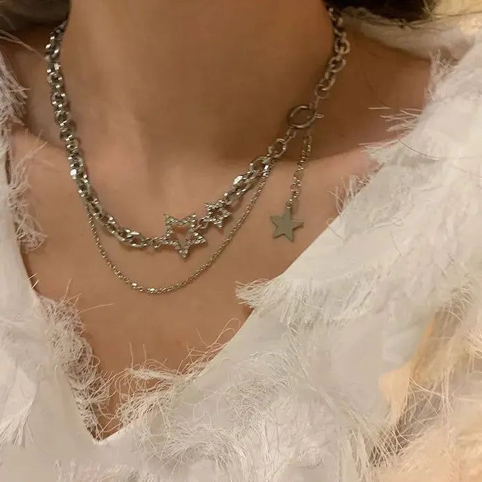 Y2K Zinc Alloy Star Zircon Pendant Necklace Women Punk Clavicle Chain