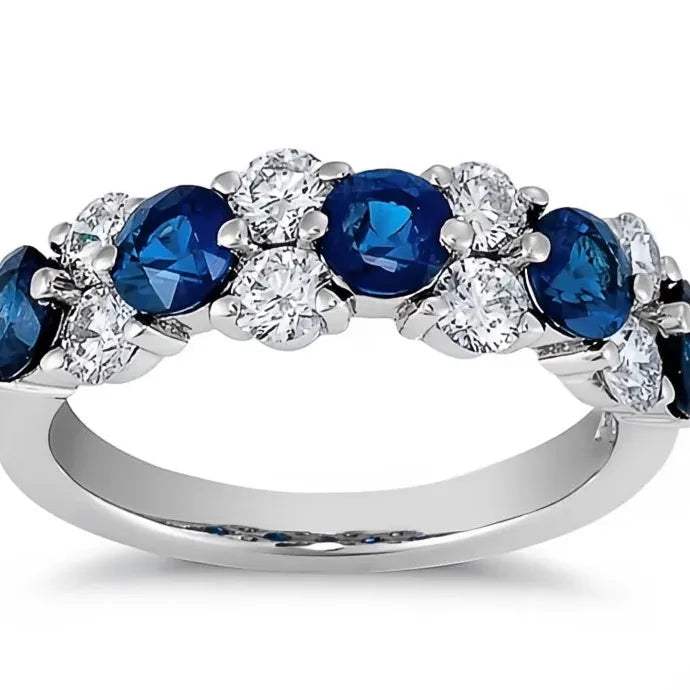 Silver Geometric Ring with Blue White CZ Brass Wedding Band for Women