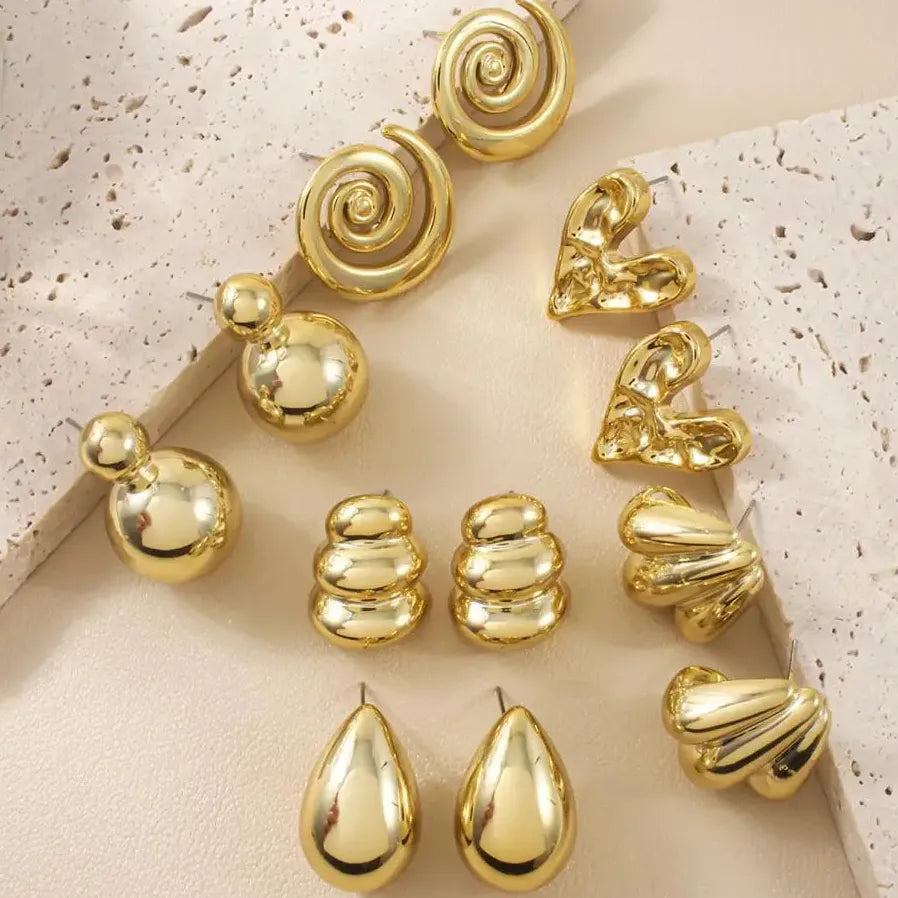 6 Pairs Vintage Gold Heart-Shaped Spiral Water Droplet Earrings for Women