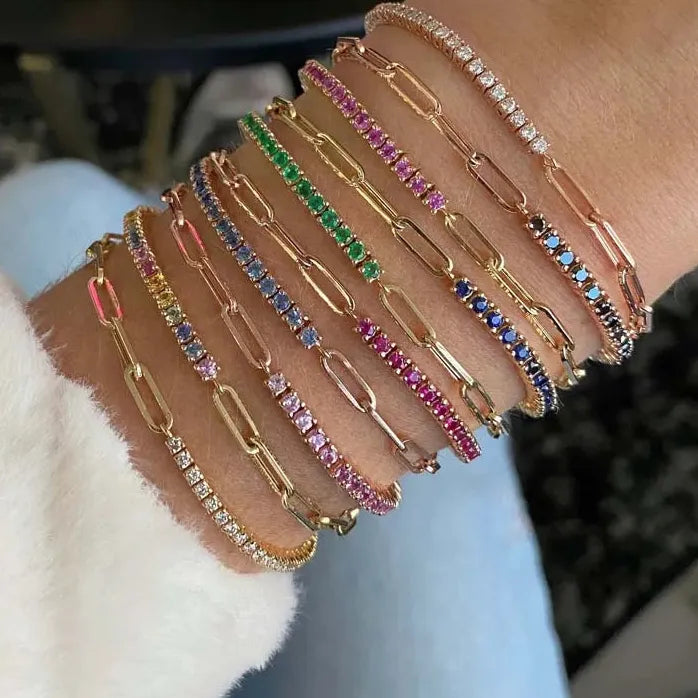 Luxury Colorful Cubic Zirconia Tennis Bracelet Women Stainless Steel Gold Chain Jewelry Gift