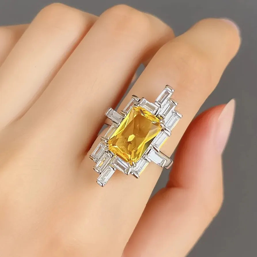 Elegant Geometric Yellow Cubic Zirconia Brass Ring for Women