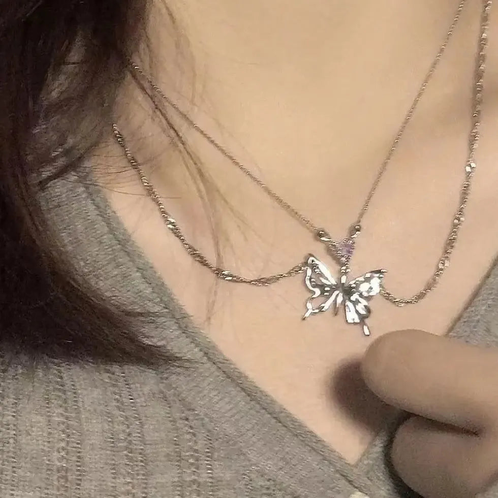 Vintage Y2K Butterfly Pendant Necklace Zinc Alloy Double Chain for Women