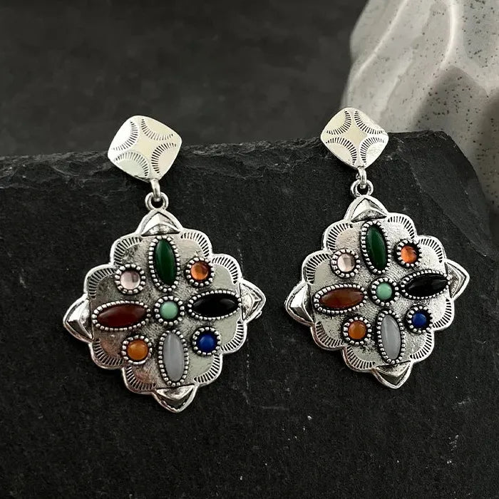 Retro Ethnic Style Antique Silver Drop Earrings with Colorful Gemstones, Lightweight Zinc Alloy