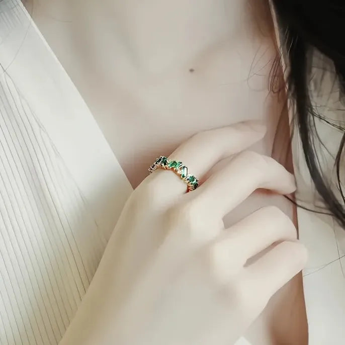 Geometric Green Cubic Zirconia Brass Wedding Band Ring for Women Bridal Jewelry