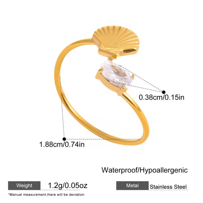 18K Gold Plated Stainless Steel Seashell Scallop Ring Adjustable Zircon Wedding Jewelry
