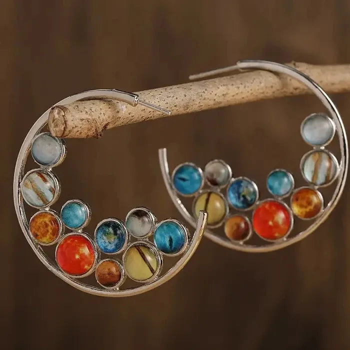 Vintage Bohemian Silver Plated Hoop Earrings with Synthetic Gems Drop Design