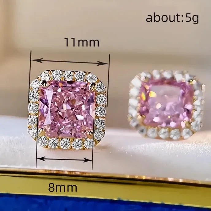Princess Pink Cubic Zirconia Geometric Stud Earrings Gold Color Copper Alloy Jewelry for Women Wedding