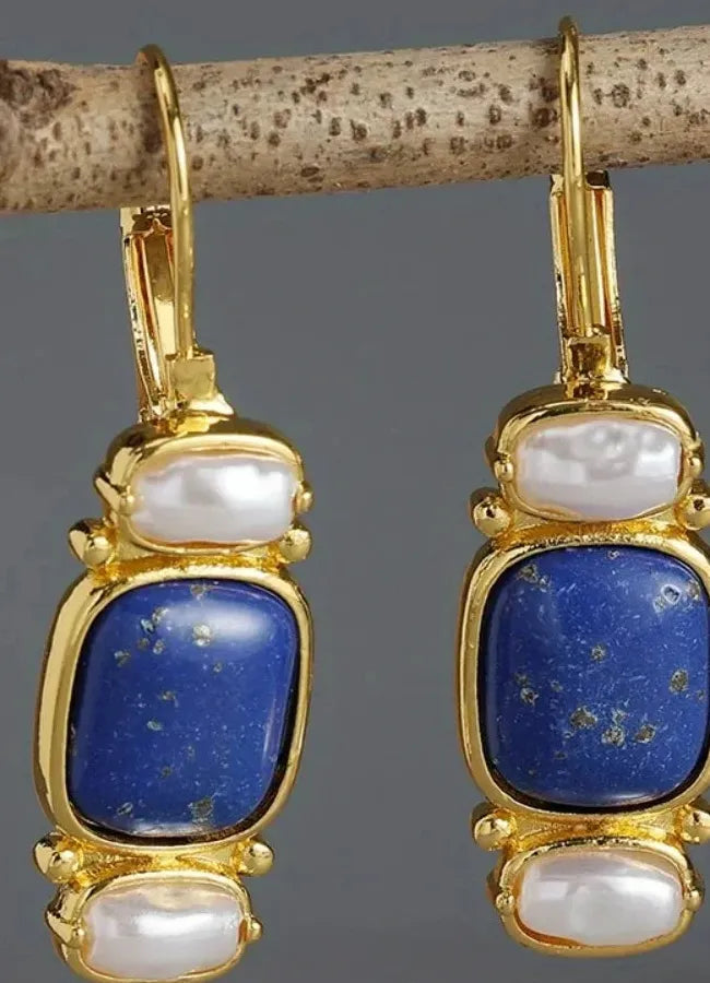 Vintage Handmade Curved Inlaid Blue Faux Gemstone Resin Earrings for Women