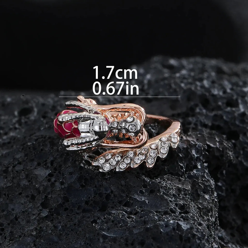 Rose Gold Dragon Ring for Women Zinc Alloy Metal Inlaid White Stone Jewelry