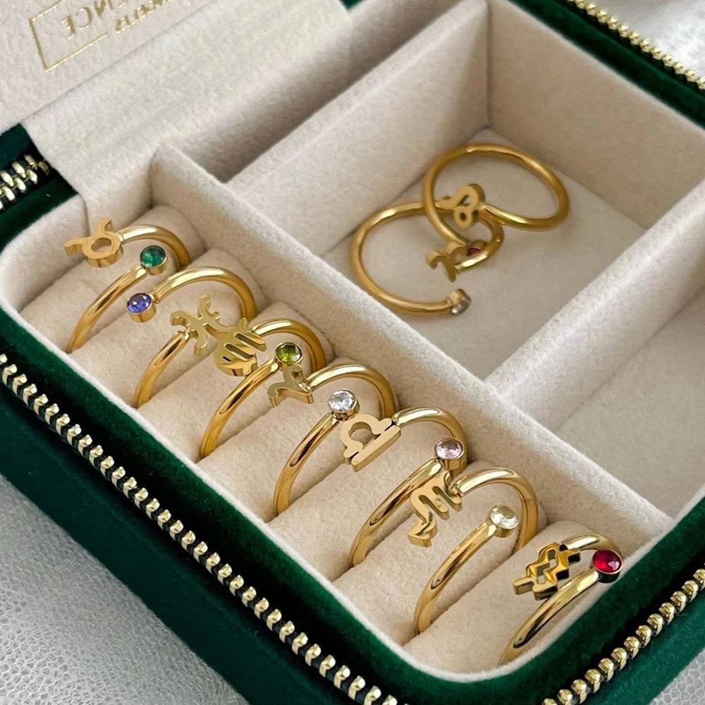 12 Constellation Symbol Adjustable 18K Gold Plated Zircon Knuckle Ring Gift
