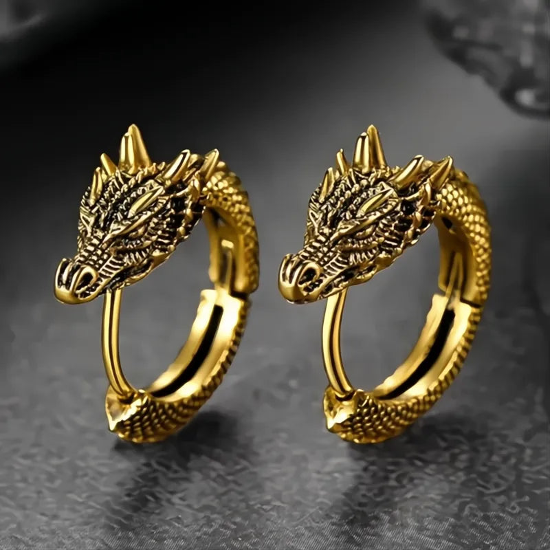 Personality Chinese Dragon Hoop Earrings for Men Women Metal Hip Hop Loong Jewelry