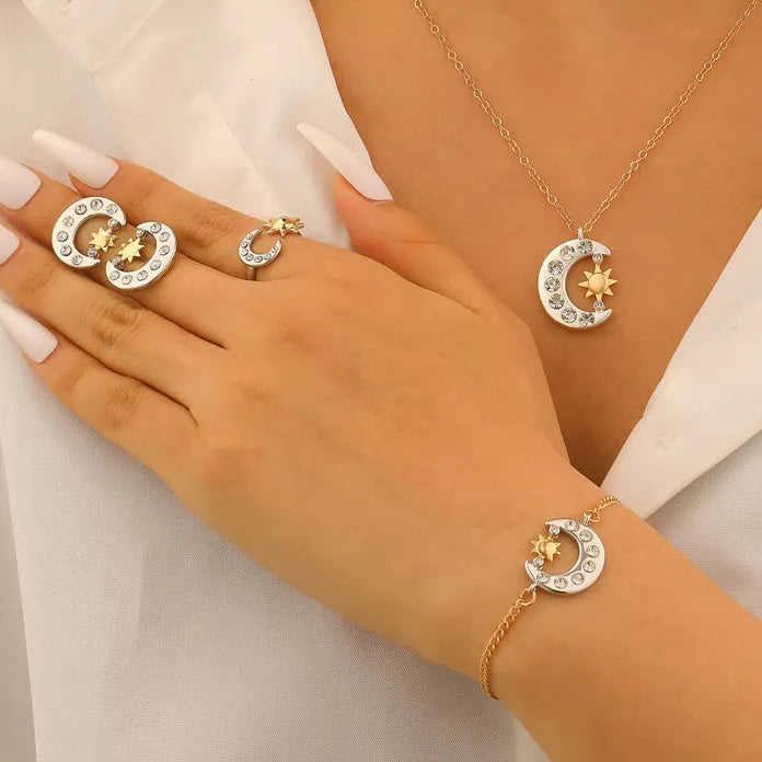 Vintage Zinc Alloy Moon Sun Jewelry Set for Women Necklace Earrings Ring Bracelet