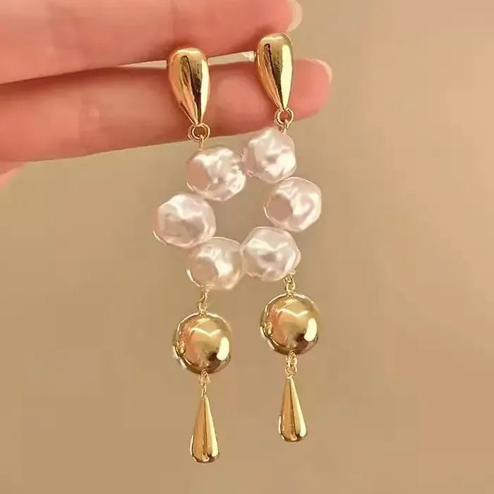 Korean Geometric Pearl Tassel Drop Earrings for Women Zinc Alloy Jewelry