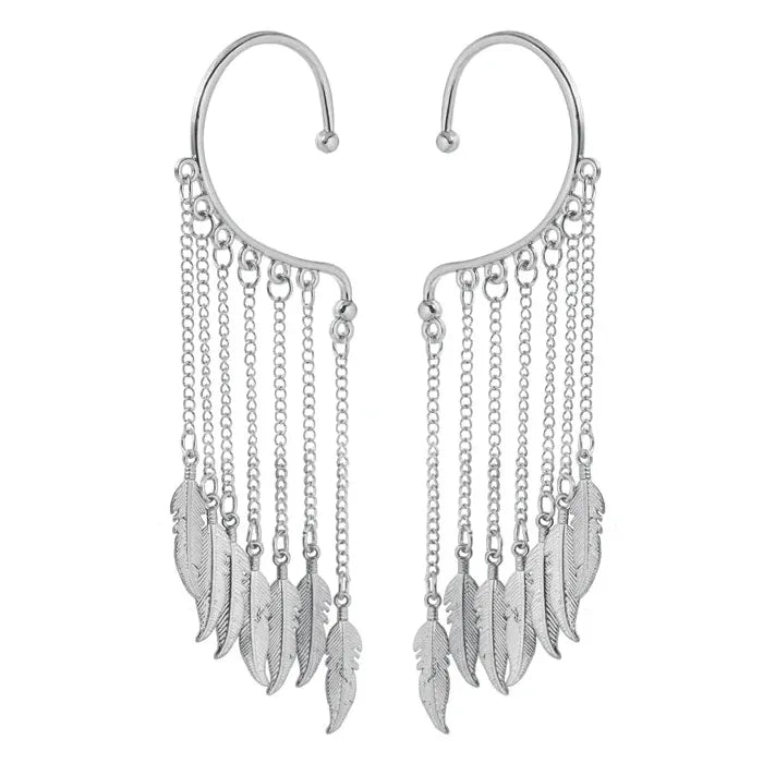 Metal Leaf Multi-Layer Tassel Zinc Alloy Clip-On Ear Wrap Cuff Earrings